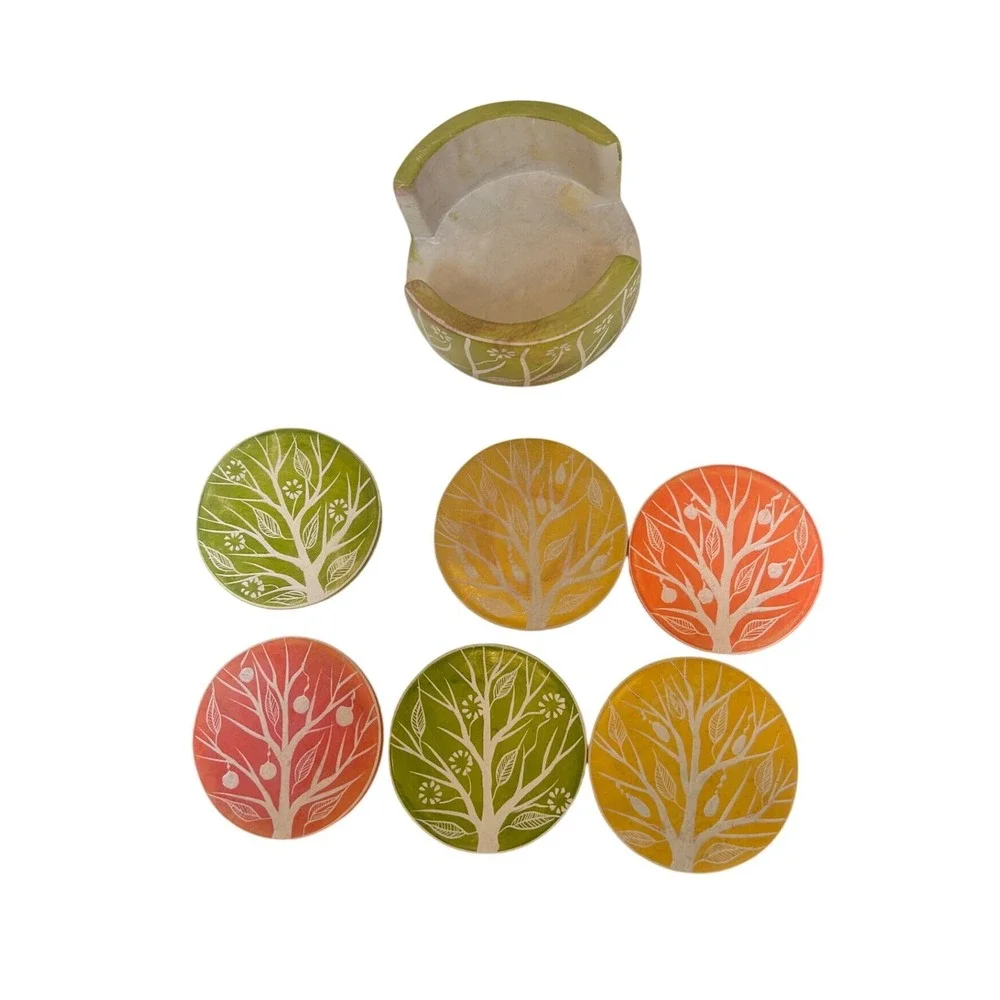 Ten Thousand Villages Orchard Tree Coaster Set Kenya Soapstone Hand Carved 6pc